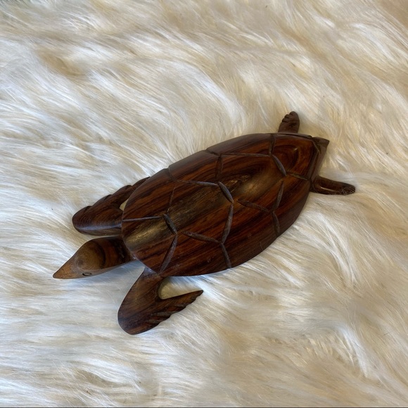 Carved Wooden Sea Turtle Figure 10" Long Dark Tone